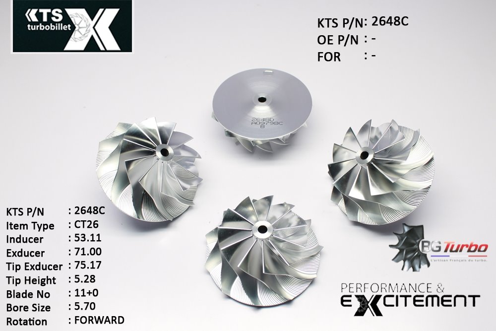 Turbo ROUE FORGÉE MFS PERFORMANCE - 11+0 PALES - INDUCER : 53,11 - EXDUCER : 71 - TYPE : CT26ANGLE : 55° - ROTATION : Forward - SUPER BACK : 1,85 - BORE SIZE : 5,7
